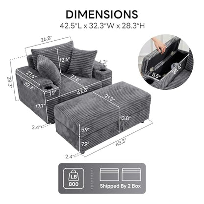 54'' Oversized Chaise Lounge Chair Indoor, Gray, view 3