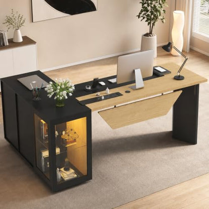 74.4" L-Shaped Executive Desk, Large Office Desk, Black + Light Wood, view 2