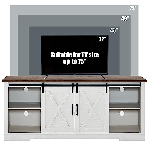 66” TV Stand for 65 Inch TV, Farmhouse Entertainment Center with Storage Cabinets and Adjustable Shelf & Feet, Modern TV Console Table for Living Room or Bedroom, Rustic White & Honey Brown