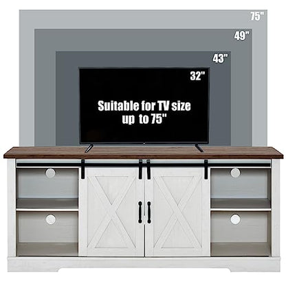 66” TV Stand for 65 Inch TV, Farmhouse Entertainment Center with Storage Cabinets and Adjustable Shelf & Feet, Modern TV Console Table for Living Room or Bedroom, Rustic White & Honey Brown