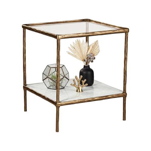 Signature Design by Ashley Ryandale Square Accent Table for Living Room, Sand‑Casted Aluminum Frame With Brass Finish, Glass Top and White Marble Shelf, 21" Size