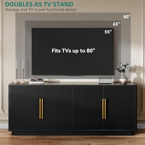 70" TV Stand for up to 80" TVs with 4 Fluted Doors, Black Oak, view 5