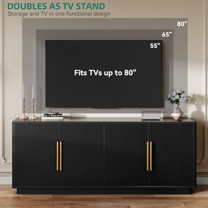 70" TV Stand for up to 80" TVs with 4 Fluted Doors, Black Oak, view 5