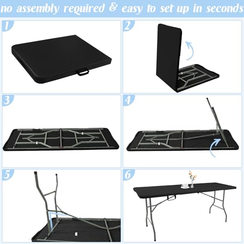 2 Pack 6 Feet Portable Folding Table Black, Steel Legs Fold-in-Half with Carrying Handle Rectangular Plastic Foldable Table for Party, Wedding, Camping, Picnic, Dining, Indoor Outdoor Events