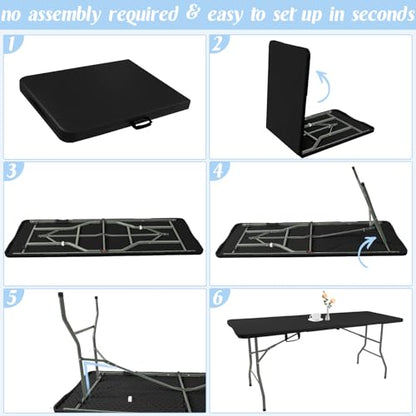 2 Pack 6 Feet Portable Folding Table Black, Steel Legs Fold-in-Half with Carrying Handle Rectangular Plastic Foldable Table for Party, Wedding, Camping, Picnic, Dining, Indoor Outdoor Events