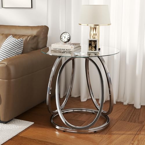 Silver End Table for Living Room, Glass Side Table for Bedroom, Modern Round Glass Nightstand with Metal Frames for Home Office, Chrome Finish, 1 PC