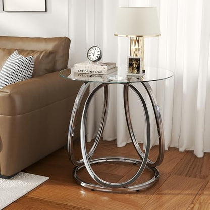 Silver End Table for Living Room, Glass Side Table for Bedroom, Modern Round Glass Nightstand with Metal Frames for Home Office, Chrome Finish, 1 PC