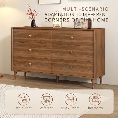 Mid Century Modern 6-Drawer Dresser, 47.2" Solid Wood Frame Chest, Walnut, view 7