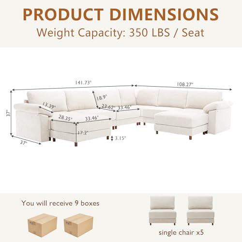 Oversized L Shaped Sectional Couch for Living Room, Extra Large Deep Seat Modular Sectional Sofa with Washable Covers, Modern Cloud Couch for Apartment, Bedroom (Beige, U Shape 8 Seat)