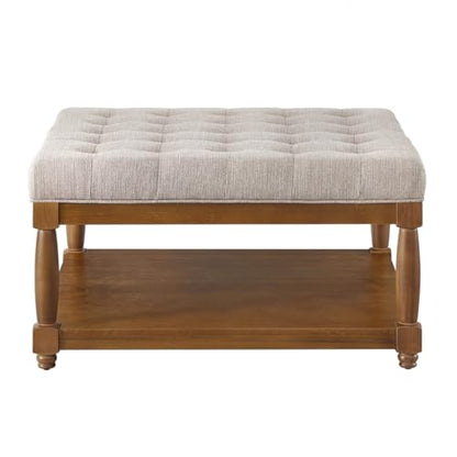 Upholstered Square Coffee Table with Wooden Shelf, Tufted Button Large Square Ottoman with Spindle Wooden Legs, Linen Large Footrest Ottoman Pouf for Living Room, Linen