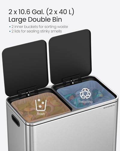 SONGMICS Trash Can, 2 x 10.6 Gallon (2 x 40 L) Garbage Can for Kitchen, with 15 Trash Bags, 2 Compartments, Plastic Inner Buckets and Hinged Lids, Airtight, Silver and Black ULTB730E80