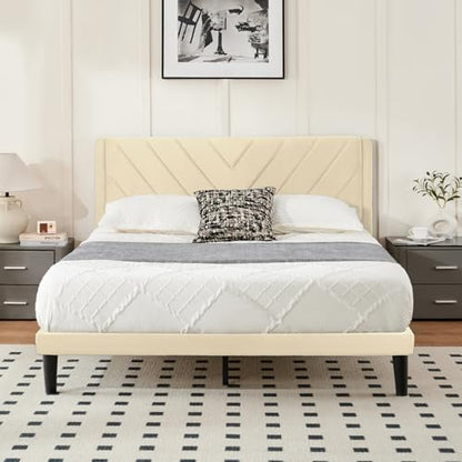 Queen Size Platform Bed Frame with Velvet Headboard, Wing Edge, view 2