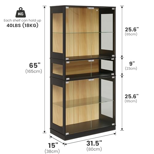 65" H Lighted Display Cabinet with Glass Doors & 5-Tier Shelves, Curio Cabinets with Motion Sensor LED Lights for Collectibles/Figurines, Tall Storage Cabinets for Living Room (Black Wood)