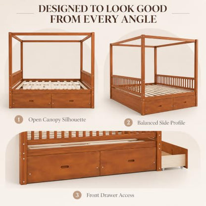 Mid Century Queen Size Wood Canopy Bed Frame, Walnut Posters Platform Beds, view 6
