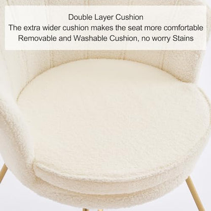 Vanity Chair with Back, Shell Accent Chair for Living Room, Criss Cross Chair with Gold Legs, Makeup Chair for Bedroom Desk Chair no Wheels, Faux Fur White