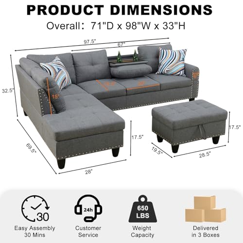 Sectional Sofa Couch, Modern 4-Seaters Living Room Furniture Sets with Chaise Lounge, Ottoman & 2 Pillows | L Shape Couch | Cup Holder | Linen Fabric, Dark Gray