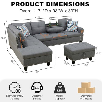 Sectional Sofa Couch, Modern 4-Seaters Living Room Furniture Sets with Chaise Lounge, Ottoman & 2 Pillows | L Shape Couch | Cup Holder | Linen Fabric, Dark Gray