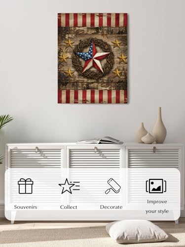Farm Western Stars Stripe Wood Grain Canvas Wall Art Prints,40"x28" Framed Picture Artwork 4th of July Patriotic Flag Printed Canvas Oil Painting for Living Room Bedroom Office,Ready to Hang