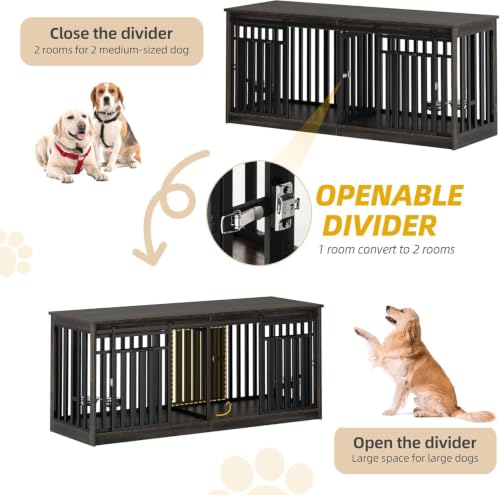 71" Heavy Duty Dog Crate Furniture for 2 Medium Dogs with Dog Bowls, view 7