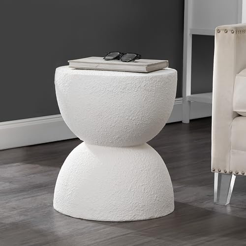 Greta 18" Hourglass Side Table, White Frosted | Indoor/Outdoor, Textured Polyresin Finish, All-Weather Modern Drink Stand, Plant Pot Pedestal, No Assembly Required