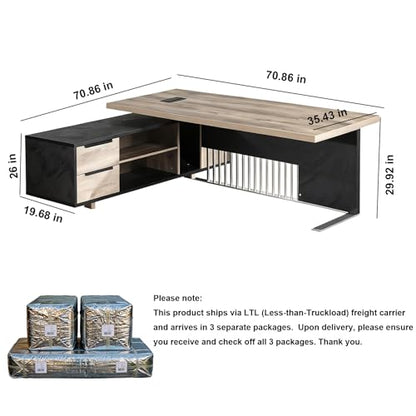 70.86 Inch Large Executive Desk with Drawers Cabinet, L Shaped Office Desk, view 3
