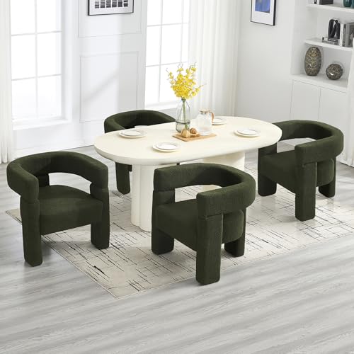 Boucle Sherpa Dining Chairs Set of 4, Comfy Upholstered Side Armchairs Barrel Side Chairs with 3 Legs, Mid Morden Century Dining Room Chairs for Bedroom,Kitchen,Dining,Living,Balcony,Reception, Green