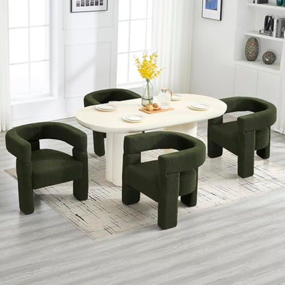 Boucle Sherpa Dining Chairs Set of 4, Comfy Upholstered Side Armchairs Barrel Side Chairs with 3 Legs, Mid Morden Century Dining Room Chairs for Bedroom,Kitchen,Dining,Living,Balcony,Reception, Green