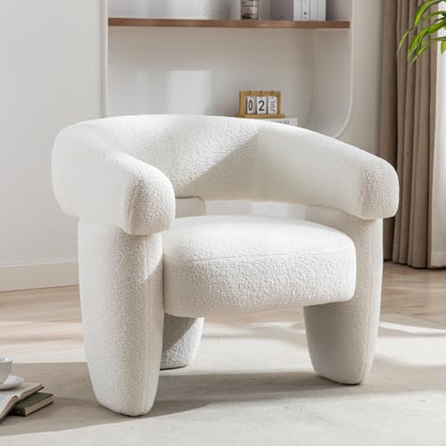 Mid Century Modern Accent Barrel Chair Comfy Upholstered Round Armchair with Montage Design, Sherpa Boucle Lounge Chair for Living Room Bedroom Apartment, Cream White