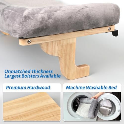 Cat Perch for Window Sill with Bolster - Orthopedic Hammock Design with Premium Hardwood & Robust Metal Frame - Cat Window Seat for Large Cats and Kittens - Natural Color Wood Gray Bed, 24''W