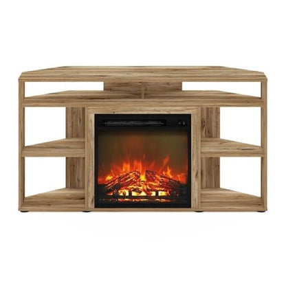 Corner TV Stand with Electric Fireplace, Fits TVs up to 55 in, Flagstaff Oak Finish, CARB Grade Composite Wood, 4 Compartments, Modern Living Room Entertainment Center