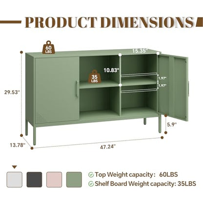 Metal Green TV Stand with Storage,Storage Cabinet Coffee Bar Buffet Cabinet Kitchen Sideboard with Adjustable Shelves for Living Room Bedroom