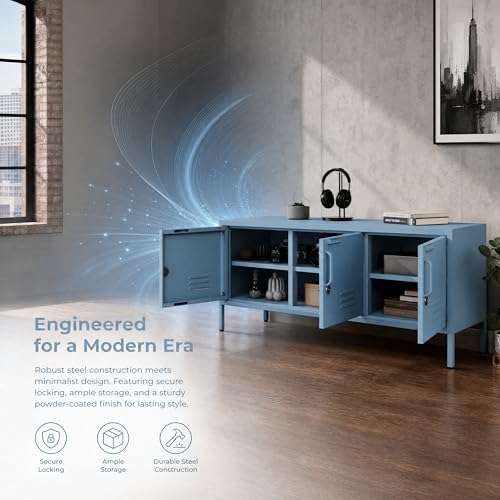 Blue Industrial Metal TV Stand with Lockable Storage Cabinet, view 4