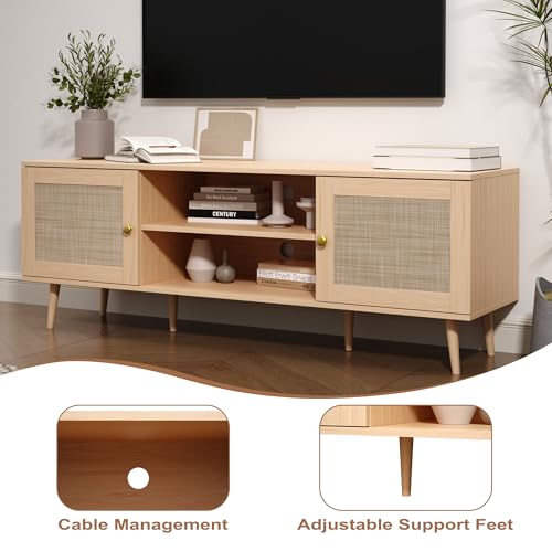 Rattan TV Stand for 55/60/65/70 inch TV, Boho 59" Entertainment Center with Storage, Modern Mid Century Media Console with Rattan Doors and Adjustable Shelf, Wood TV Stand for Living Room, Oak