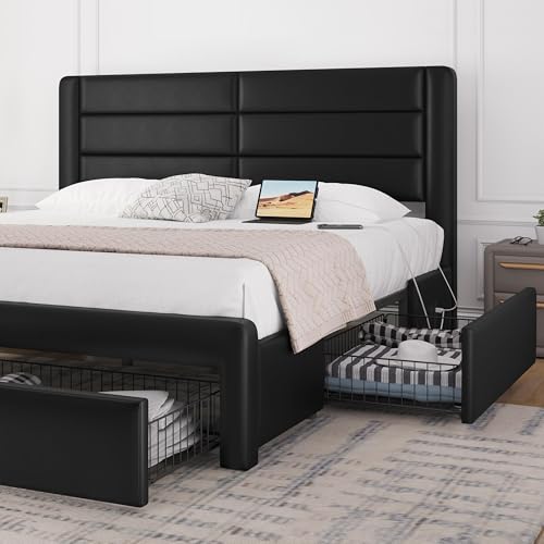 King Upholstered Bed Frame with Storage & Charging, view 4