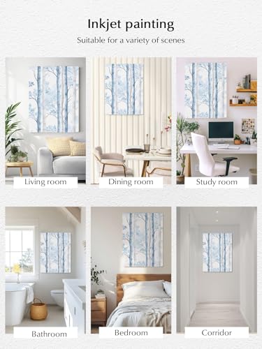 NuYeBiofx Watercolor Blue Trees Leaves Canvas Wall Art Prints,30"x20" Framed Picture Artwork Retro Forest Printed Canvas Oil Painting for Living Room Bedroom Office,Ready to Hang