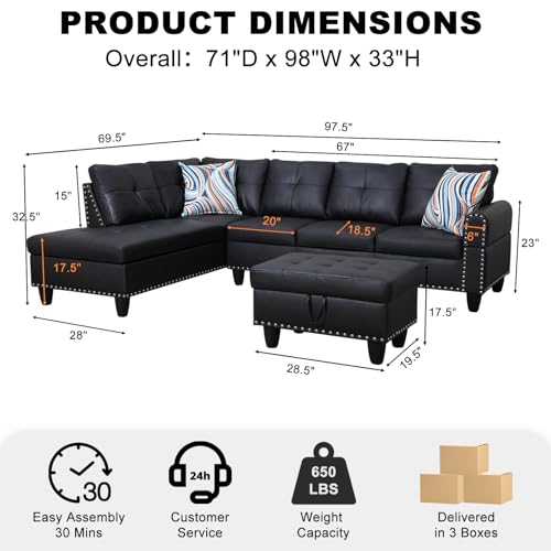 Sectional Sofa Couch, Modern 4-Seaters Living Room Furniture Sets with Chaise Lounge, Ottoman & 2 Pillows | L Shape Couch | Cup Holder | Faux PU Leather, Black