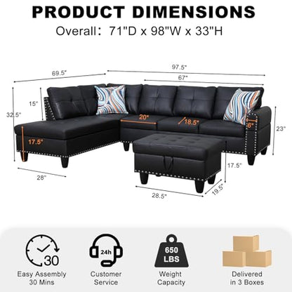 Sectional Sofa Couch, Modern 4-Seaters Living Room Furniture Sets with Chaise Lounge, Ottoman & 2 Pillows | L Shape Couch | Cup Holder | Faux PU Leather, Black