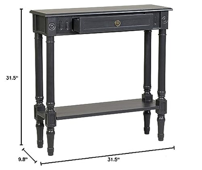 Marisol Black Narrow Console Table for Entryway with Drawer | 31.5-inch slim sofa table with lower shelf, solid wood frame, distressed finish, hallway storage for small spaces