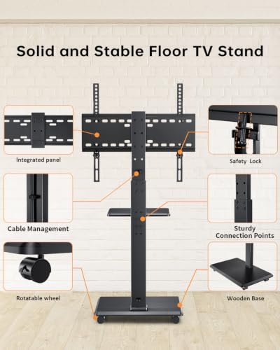 Rolling TV Stand, Mobile TV Cart for 32-75 Inch TVs up to 110 lbs, 18 Adjustable Heights, TV Floor Stand with Swivel Mount & Shelf, Max VESA 600x400mm, TV Stand on Wheels for Bedroom, Office, Outdoor