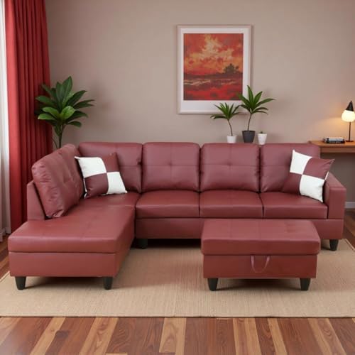 103.5" Sectional Couches for Living Room, Leather 4 Seat L Shaped Couch with Chaise, 3-Piece Modular Sofa with Storage Ottoman, Home Furniture Sets for Apartment Office, Dark Red