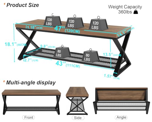Entryway Bench, Indoor Shoe Bench with Storage and Seating, Wood Metal Storage Bench for Bedroom Living Room, Farmhouse Shoe Rack Bench for Sitting in Hallway Foyer Entrance, Rustic Oak, 47 inch