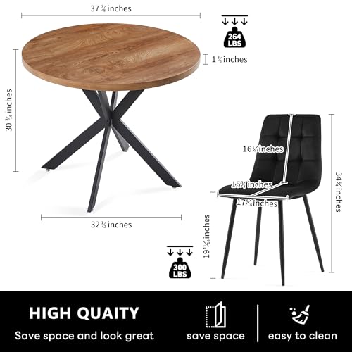 37-Inch Round Kitchen Dining Room Table Set for 4, Modern Mid-Century Brown Dining Table with Black Velvet Chairs Set, Small Dining Set for Restaurant/Dining Hall