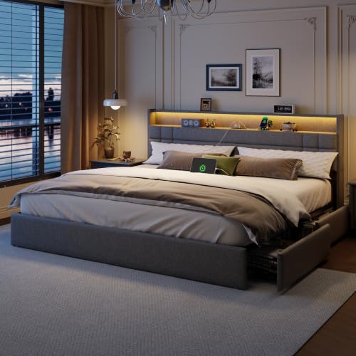 King Size Bed Frame with 4 Drawers & Storage Headboard, Grey, view 2