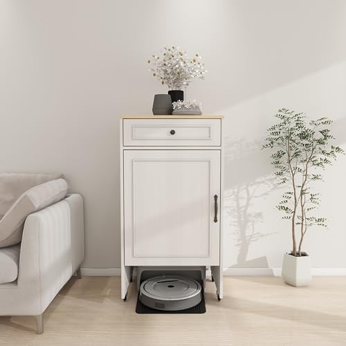 Robot Vacuum Storage Cabinet with Wheels - Antique White Side Table with Drawer & Doors for Living Room, Kitchen, Office