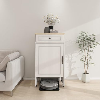 Robot Vacuum Storage Cabinet with Wheels - Antique White Side Table with Drawer & Doors for Living Room, Kitchen, Office