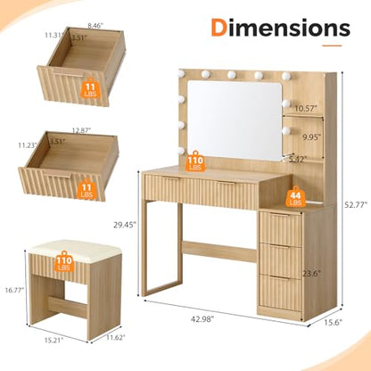 Fluted Makeup Vanity Desk with Mirror & Lights & Power Outlet, view 4