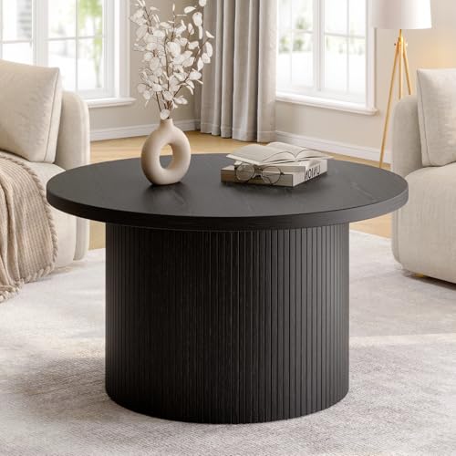 31.5" Round Coffee Table, Tambour Design Coffee Tables for Living Room, Mid Century Modern Wood Coffee Table, Drum Accent Small Center Table, Black