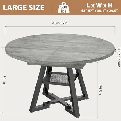 Expandable Kitchen Dining Table for 4-6, Oval Round Dining Table with Storage Shelf and Removable Extension Leaf, Space Saving Pedestal Table for Dining Room, Modern Industrial Style (Grey)