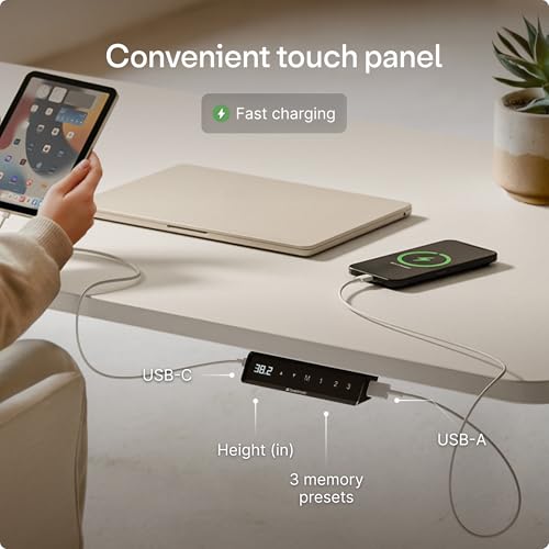 HomeOne Standing Desk 48x24 — Ergonomic Sit Stand Home Office Desk, Made in Europe, Electric Dual Motor Height Adjustable, USB & USB-C Charging, Wobble-Free, Touchscreen, 3 Memory Presets