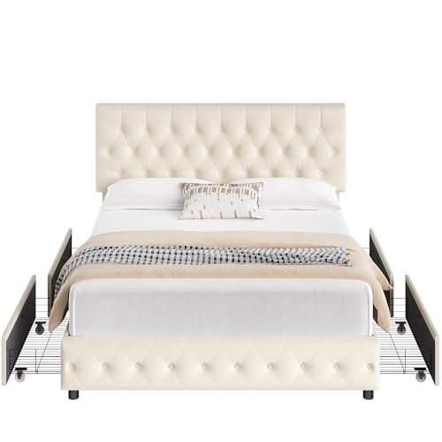 Modern Queen Size Upholstered Bed Frame with 4 Storage Drawers, Button Tufted Headboard Design, Solid Wooden Slat Support, Easy Assembly, Soft Velvet, Beige